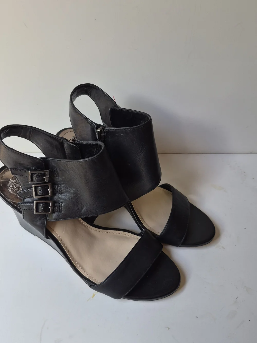 Vince Camuto Black Leather Triple-Buckle Wedge Sandals